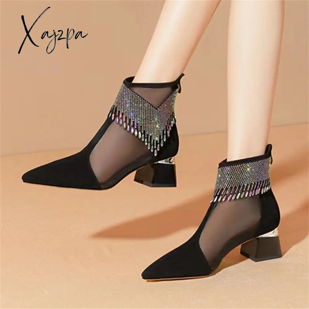 Xajzpa - Fashion Ankle Boots Women 2023 New Glitter Rhinestone Ladies Pointed Toe Chunky Heel Shoes Dress Party Female 5CM Mesh Sandals Tunics Silk luxurious