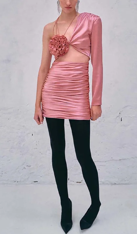 FLORAL ONE SHOULDER SATIN MINI DRESS IN PINK Tunics Lace romantic