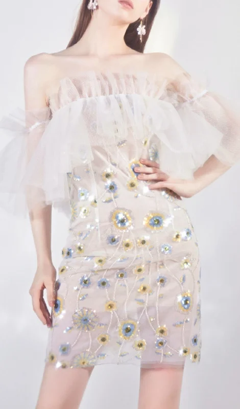 FLORAL SEQUINED MINI DRESS IN WHITE Tunics Polka dots