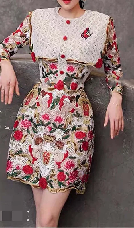 FLOWER EMBROIDERY THREADWORK MINI DRESS IN RED Tunics Custom made