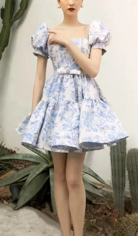 FRENCH PUFF SLEEVE PRINTED MINI DRESS Tunics Cozy comfortable