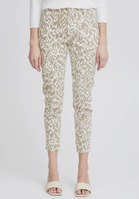 Fransa Tessa Slim Leg Print Trousers, Sand Cropped Trousers Casual Linen