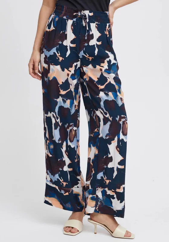 Fransa Taya Printed Wide Leg Trousers, Multi-Coloured Trousers Fleece Cozy