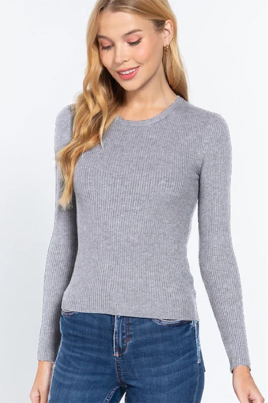 Full Size Ribbed Round Neck Long Sleeve Knit Top Textured Knit Blouse