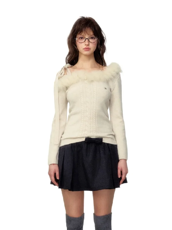 Fur Collar Off-Shoulder Slim Knit Top Sustainable Knit Top