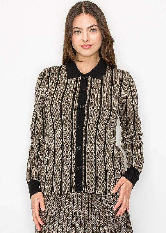Gold Stripe Button-Down Knit Top Off Shoulder Knit Top