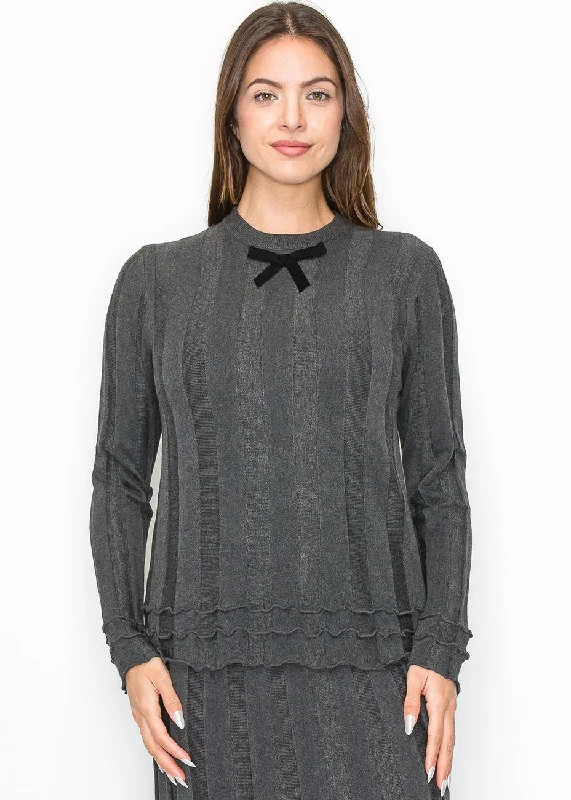 Grey Ribbed Knit Top with Bow Detail V Neck Knit Shirt