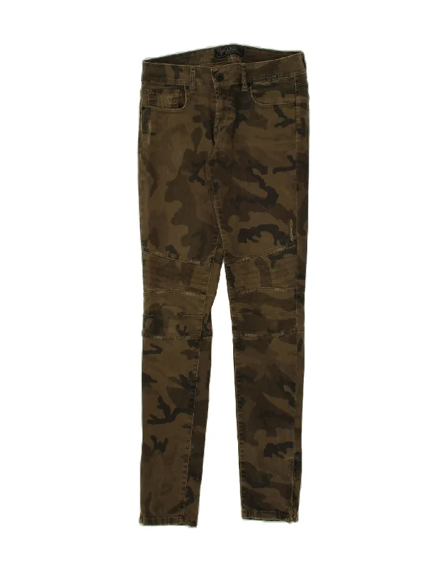 GUESS Womens Skinny Casual Trousers W27 L30 Khaki Camouflage Cotton Wide Leg Loose Fit Mid Waist