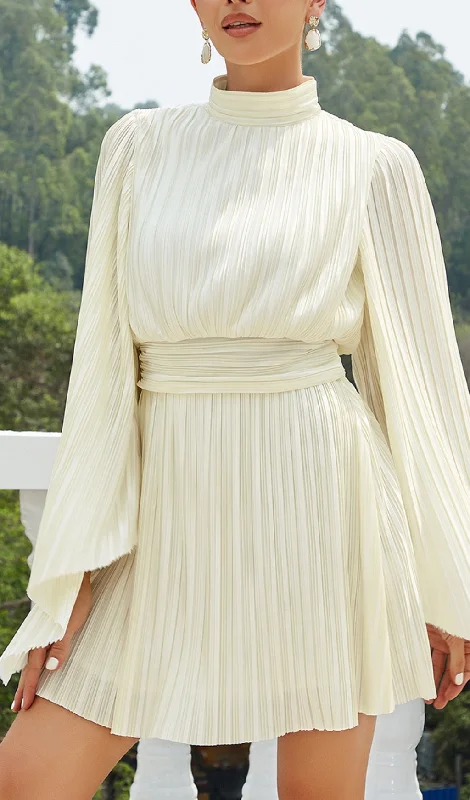 HALF TURTLENECK LOOSE LONG SLEEVE PLEATED MINI DRESS Casual Short Summer