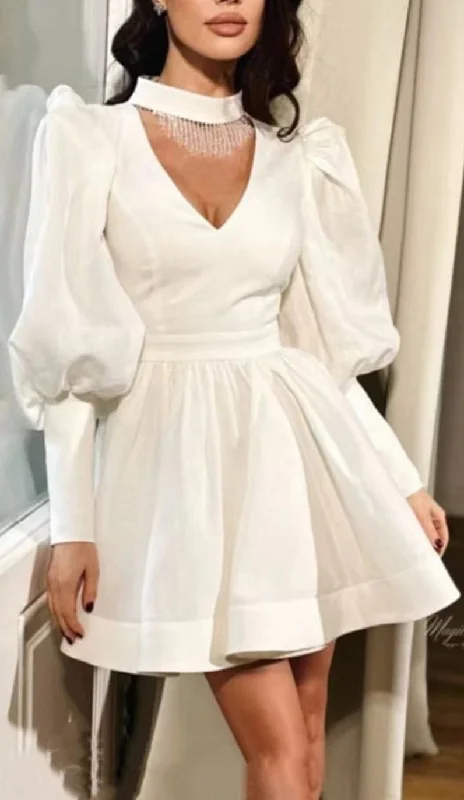 HALTERNECK V-NECK PUFF SLEEVE RHINESTONE FRINGE MINI DRESS Tunic Top Casual