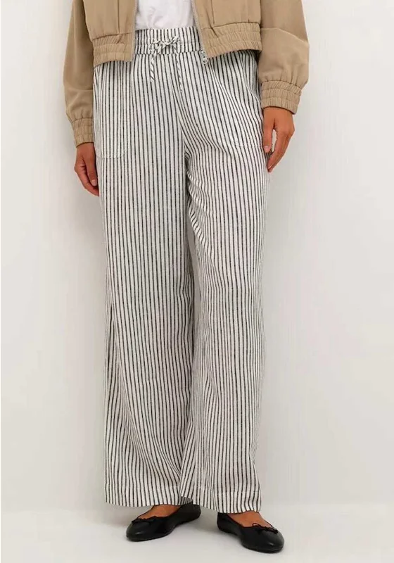 Kaffe Milia Linen Blend Wide Leg Trousers, Chalk & Black Stripe Trousers Yoga Stretchy