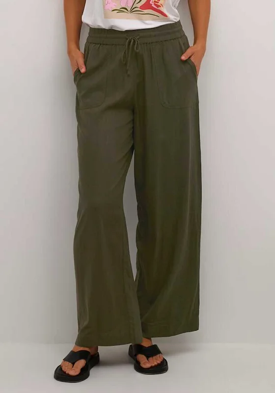 Kaffe Milia Linen Blend Wide Leg Trousers, Forest Night Trousers Chinos Classic