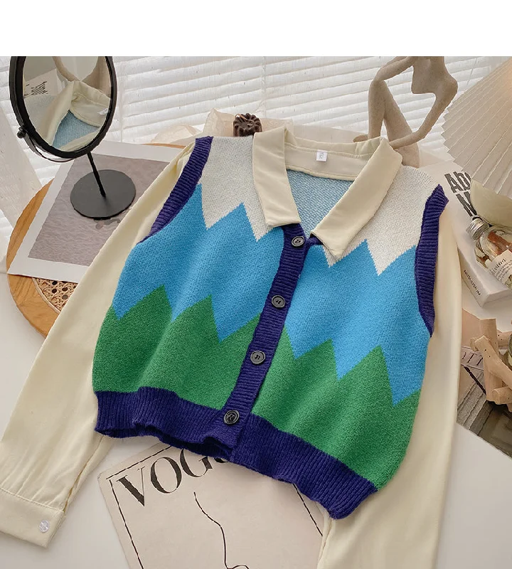 Korean long sleeve Vintage stitching knit top  6631 Designer Knit Top