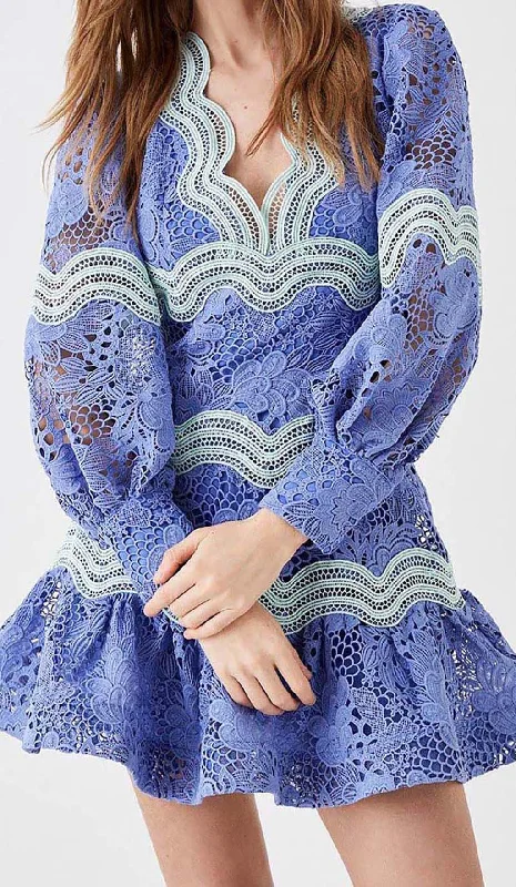 LACE SLEEVE TRIM DETAIL MINI DRESS IN BLUE Tunics Fashionable trendy