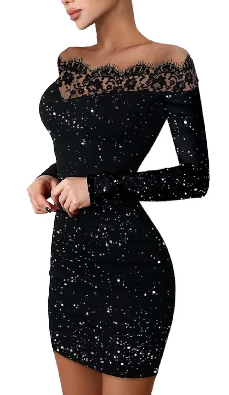 LACE STITCHING GLITTER MINI DRESS IN BLACK Tunics Chinos classic