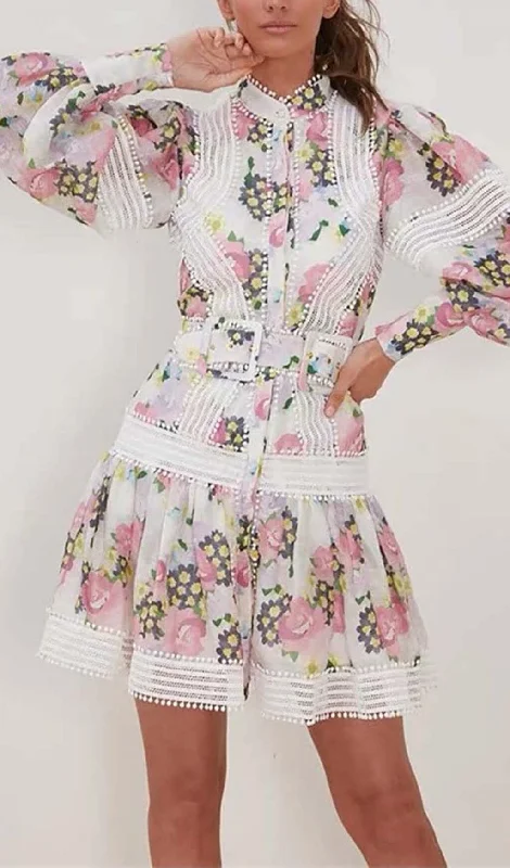 LACE TRIM LANTERN SLEEVE MINI DRESS IN FLORAL Tunics Brand named