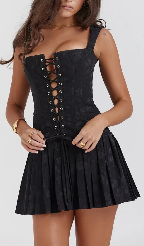 LACE-UP MINI DRESS IN BLACK Tunics Luxurious high-end