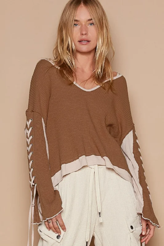 Lace-Up Sleeve Color Block Ribbed Knit Top Solid Color Knit Top