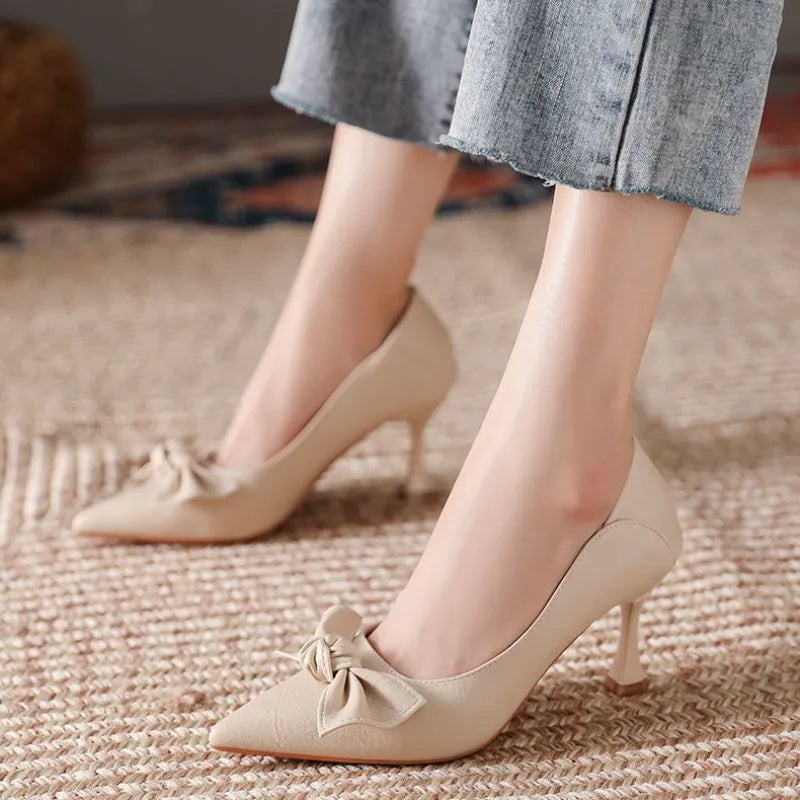 Ladies Summer Footwear Formal Shoes for Women Black with Medium Heels Stilito Moccasins Bow Elegant Dress Spring on Sale A Cowl Neckline Elegant