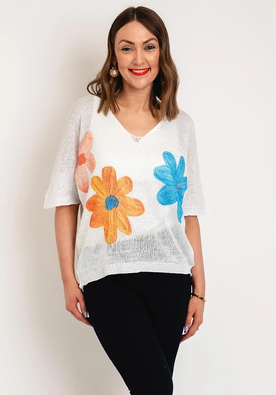 Serafina Collection One Size Flower Pattern Knit Top, White Party Knit Blouse