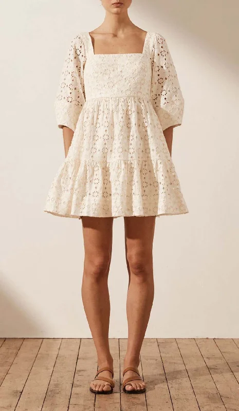 LINEN SQUARE NECK MINI DRESS - RICE Tunics Sophisticated sleek