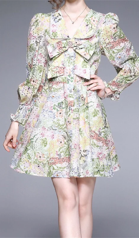LONG PUFF SLEEVE V NECK DIAMONDS BOW RUFFLES MINI DRESS Tunics Seasonal trendy