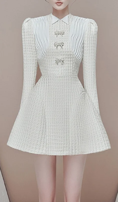LONG SLEEVE BOW A-LINE MINI DRESS IN WHITE Tunics Review highly