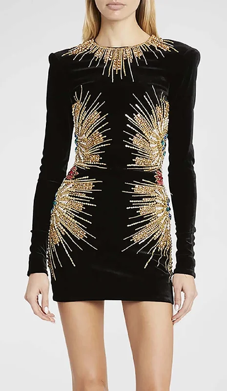 LONG-SLEEVE EMBELLISHED MINI DRESS IN BLACK Turtleneck Neckline Stylish