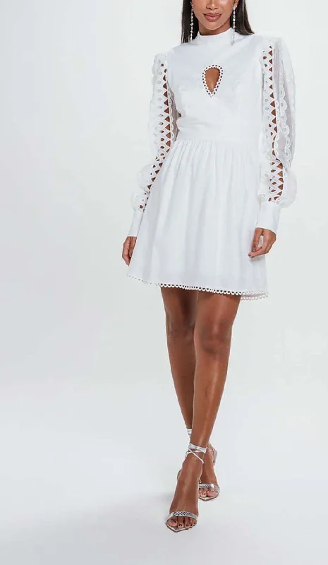 LONG SLEEVE EYELET EMBELLISHMENT MINI DRESS IN WHITE Tunics Stylish elegant