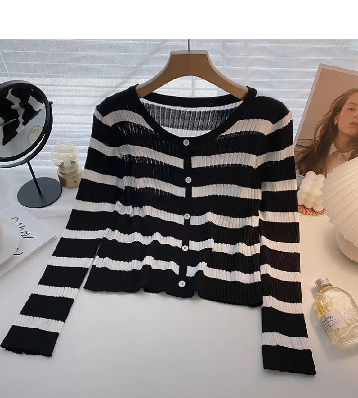 Long Sleeve Striped short slim casual knit top  6512 Custom Knit Shirt
