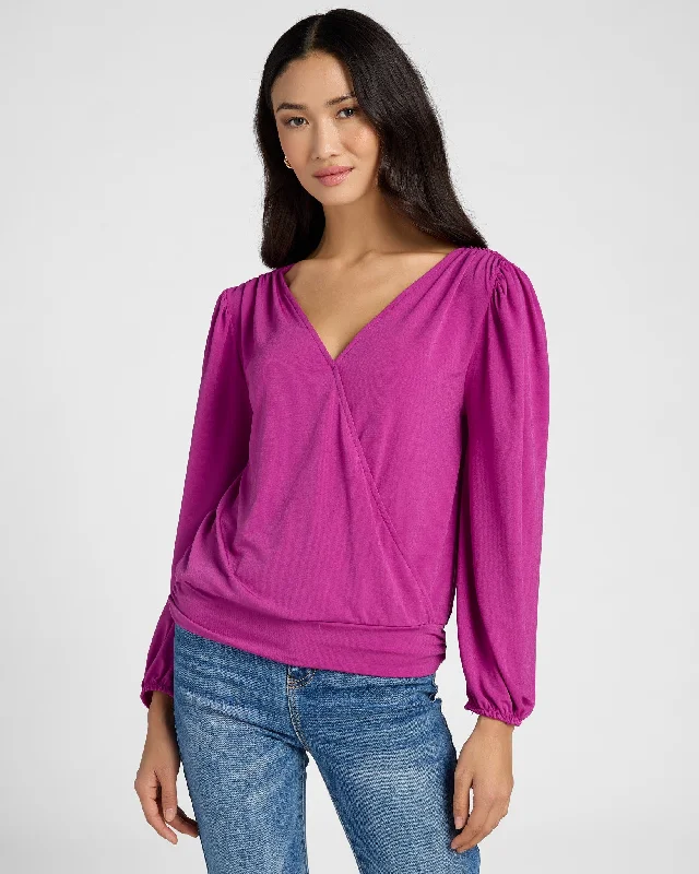 Long Sleeve Wrap Front Solid Knit Top Seasonal Knit Shirt