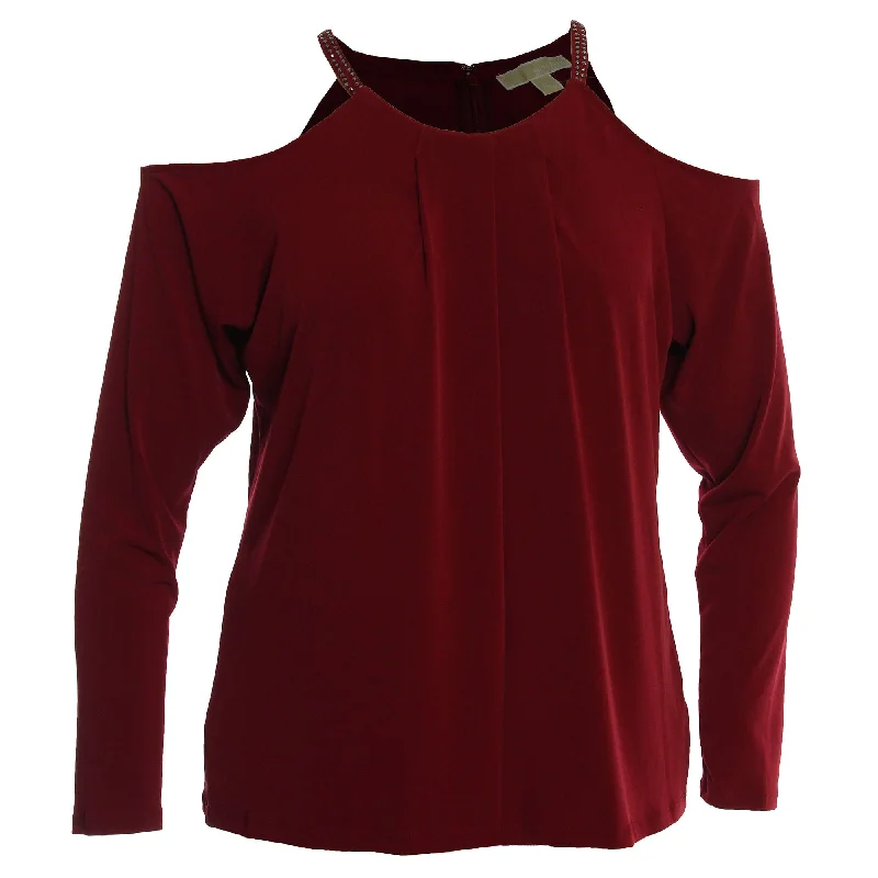 Michael Kors Dark Red Long Sleeve Embellished Cold Shoulder Knit Top Luxury Knit Top