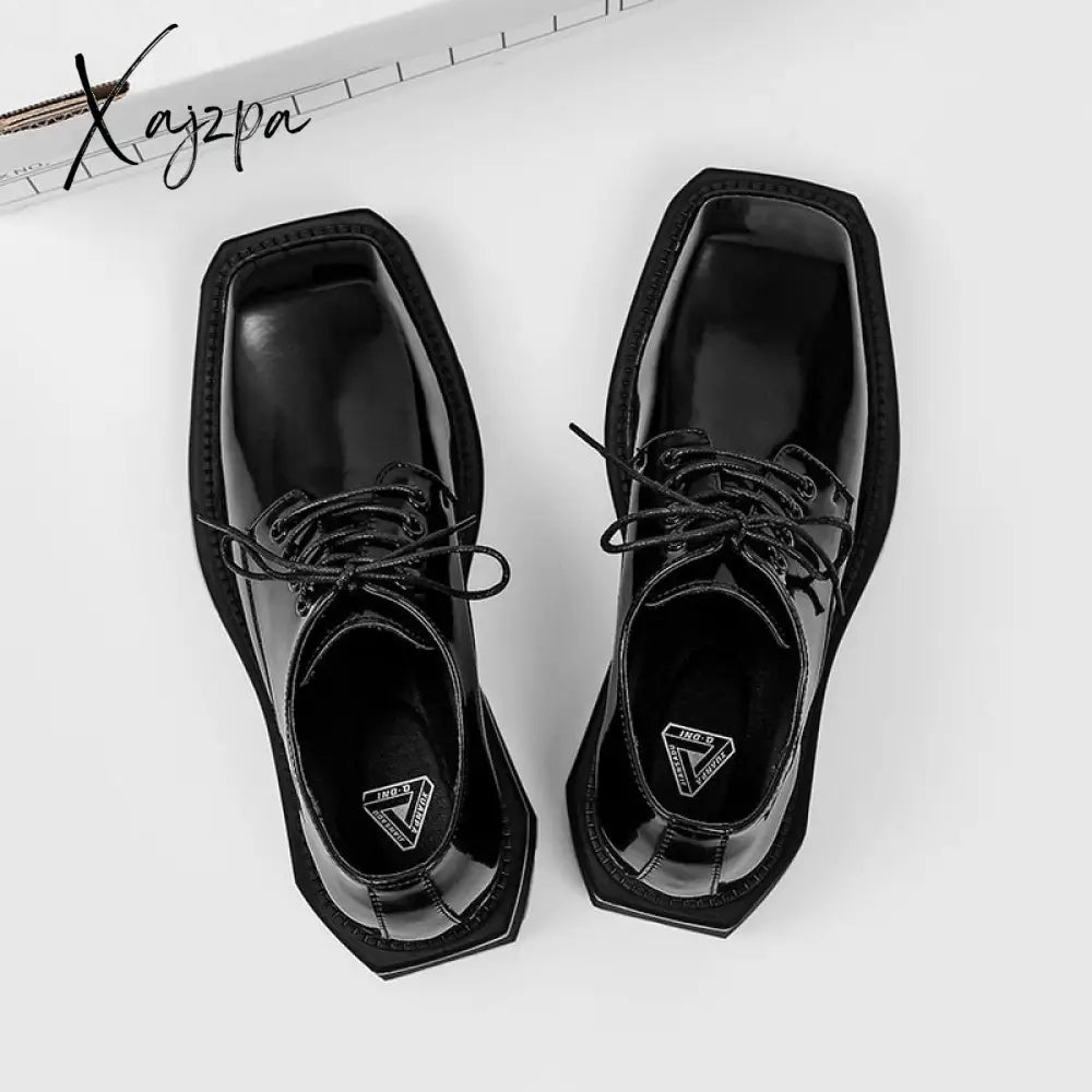 Xajzpa - New square head Leather Shoes women Casual Men Formal Dress Thick Bottom Loafers Lace-up Black British Business Work Shoes 44 Square Neckline Feminine