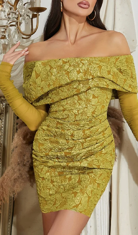 TURMERIC COLOR OFF SHOULDER MESH FLORAL LONG-SLEEVED MINI DRESS Tunics Floral girly