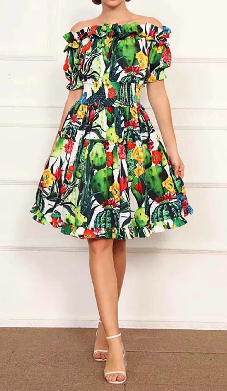 ONE SHOULDER CACTUS MINI DRESS IN GREEN Crew Neckline Casual
