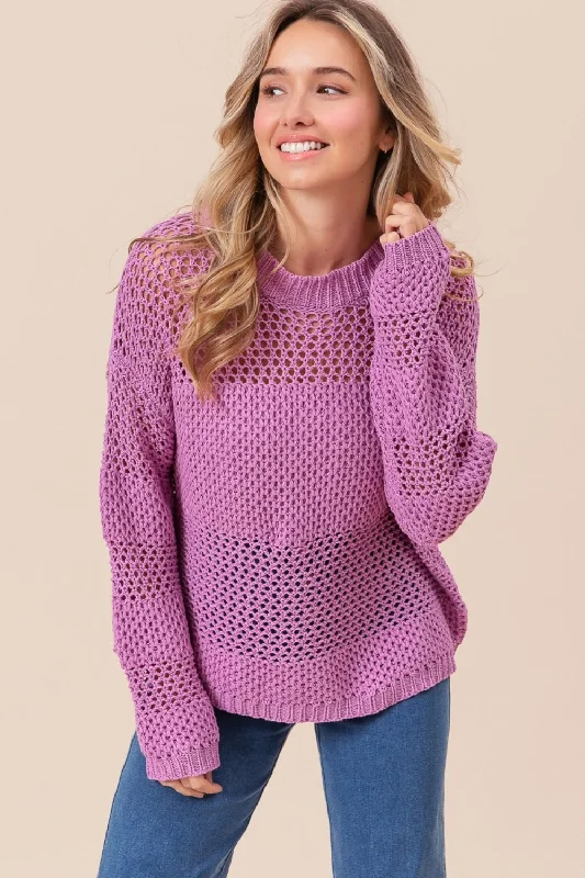 Openwork Long Sleeve Knit Top Bright Color Knit Shirt
