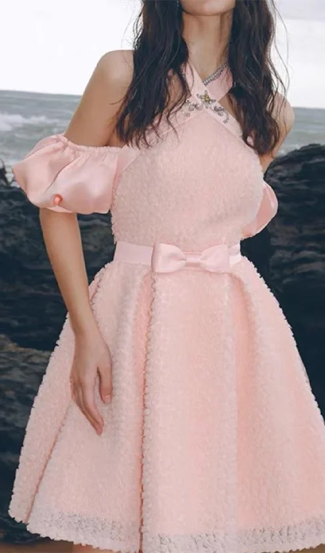 PINK HALTER NECK OFF SHOULDER MINI DRESS Elegant Long Evening