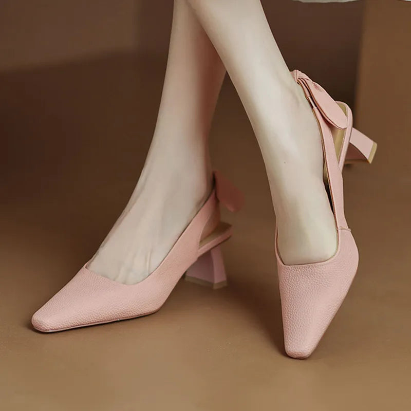 Pu Leather Slingback High Heels Women  Slip On Elegant Party Dress Shoes Woman Solid Color Thick Heeled Sandals Tunics Versatile all-occasion