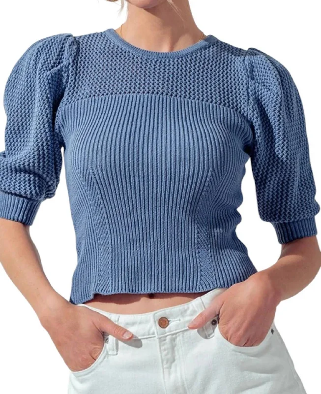 Puff Short Sleeve Knit Top In Indigo Linen Knit Blouse
