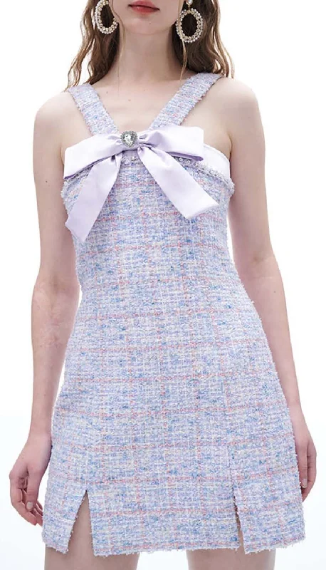 RHINESTONE BOWTIE TWEED MINI DRESS IN PURPLE Tunics Lace romantic