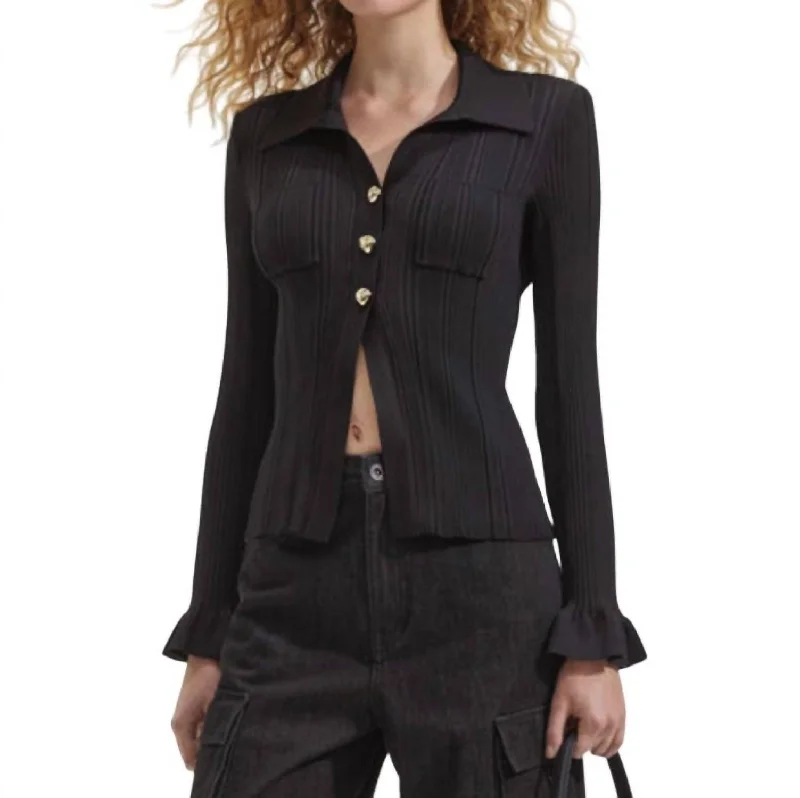 Ribbed Viscose Knit Top In Black Premium Knit Blouse