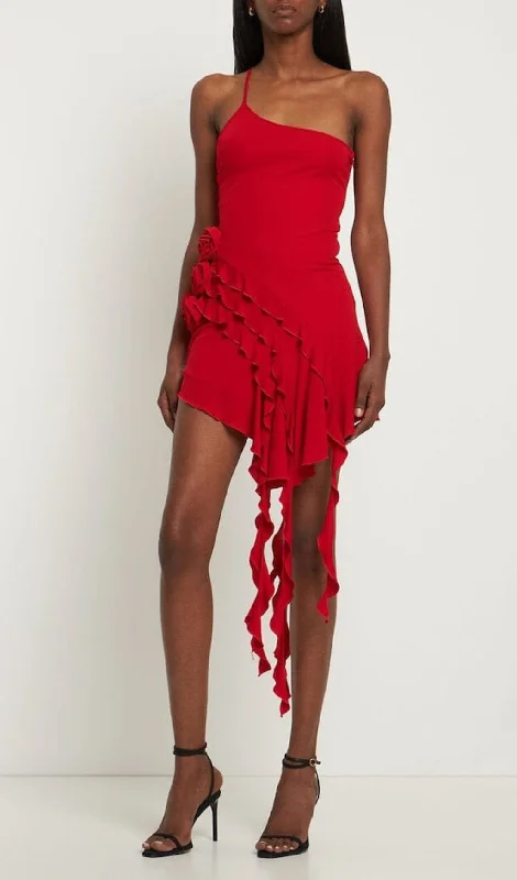 ROSE-DETAIL RUFFLED MINI DRESS IN RED Tunics Chic elegant