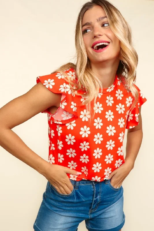 Round Neck Ruffled Floral Contrast Knit Top Ribbed Knit Shirt