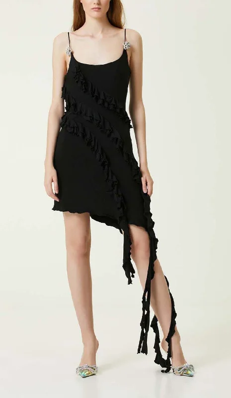 SLEEVELESS LRREGULAR RUFFLE MINI DRESS IN BLACK Tunics Satin smooth
