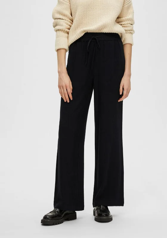 Selected Femme Viva Guila Wide Leg Linen Trousers, Black Trousers luxurious premium