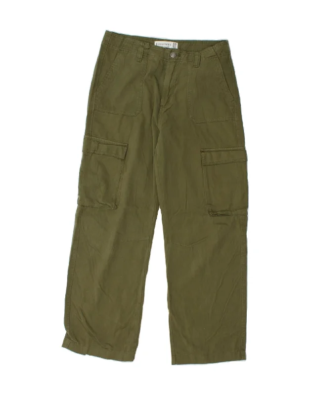 STRADIVARIUS Womens Straight Cargo Trousers UK 10 Small W30 L28  Green Wide Leg Loose Fit Mid Waist