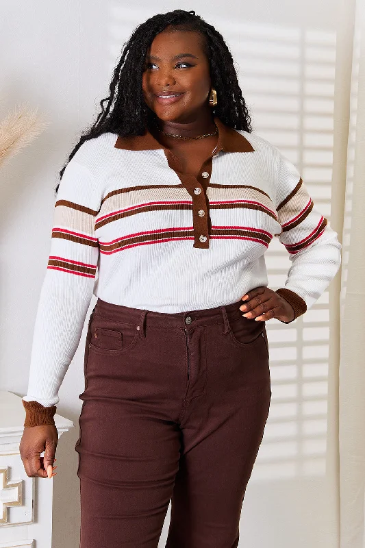 Striped Collared Neck Rib-Knit Top Dark Color Knit Blouse