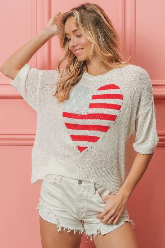 Striped Heart Contrast Knit Top Patterned Knit Tee