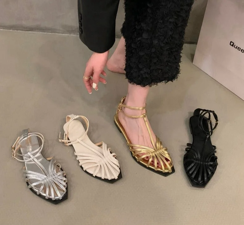 Summer Flat Heel Women Sandal Fashion New Brand Gold Narrow Band Ladies Slingback Shoes Ankle Srtrap Dress Slides Tunics Trendy modern