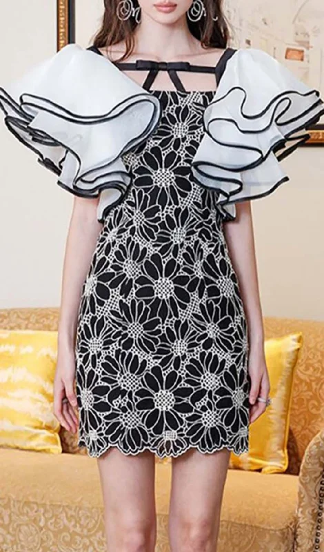 SUNFLOWER ORGANZA PUFF SLEEVES MINI DRESS IN BLACK Tunics Distressed trendy